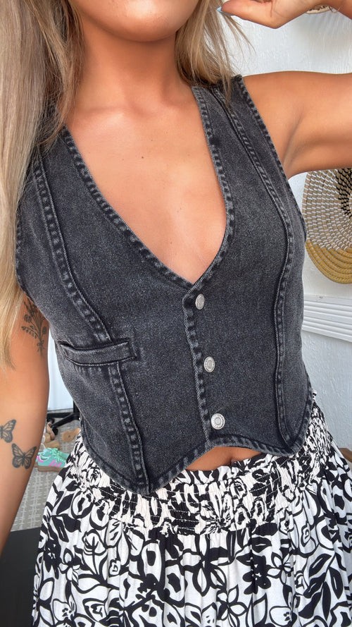 Western Vintage Washed Denim Vest, Black