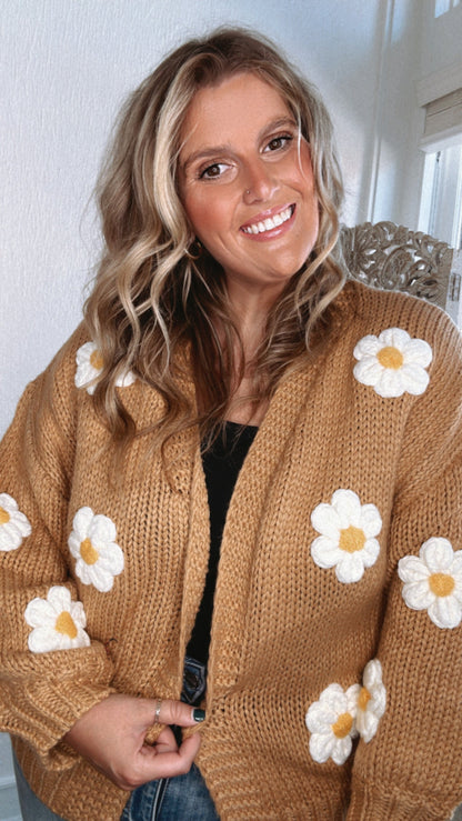 Touch Of Daisy Floral Knit Cardi, Camel