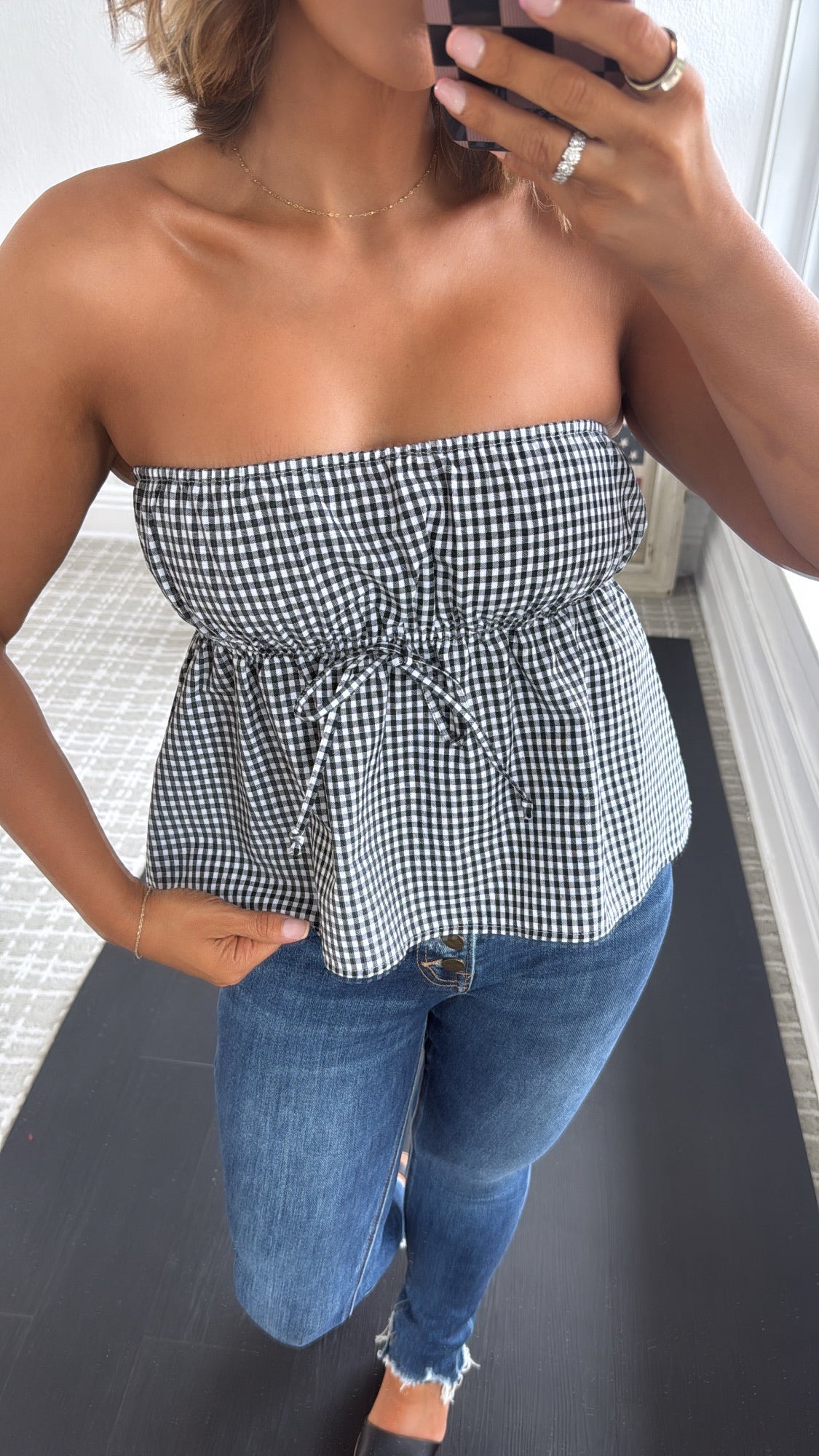 Sunset Picnic Gingham Strapless Top, Black