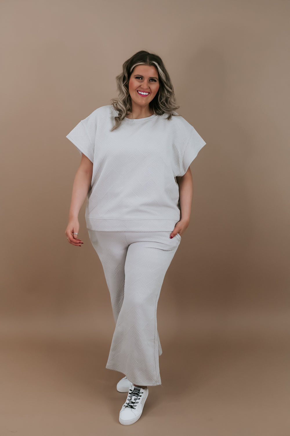 Two Piece Textured Wide Leg Pant Set, Oatmeal