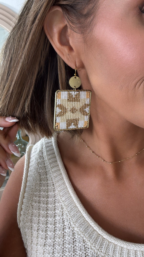 Square Geo Beaded Earrings, Beige