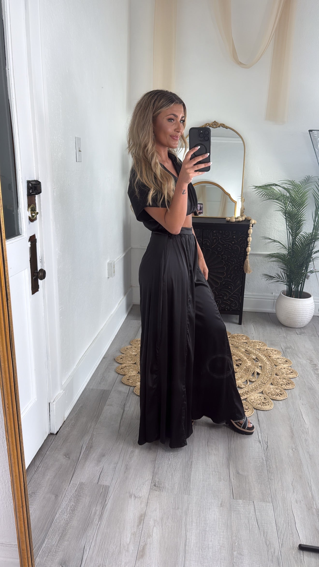 Satin Top and Pants Set, Black