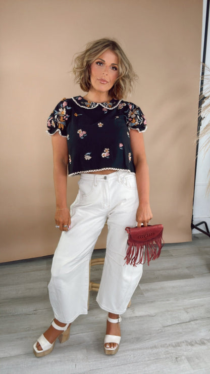 Sweet Things Embroidered Floral Puff Sleeve Top, Black