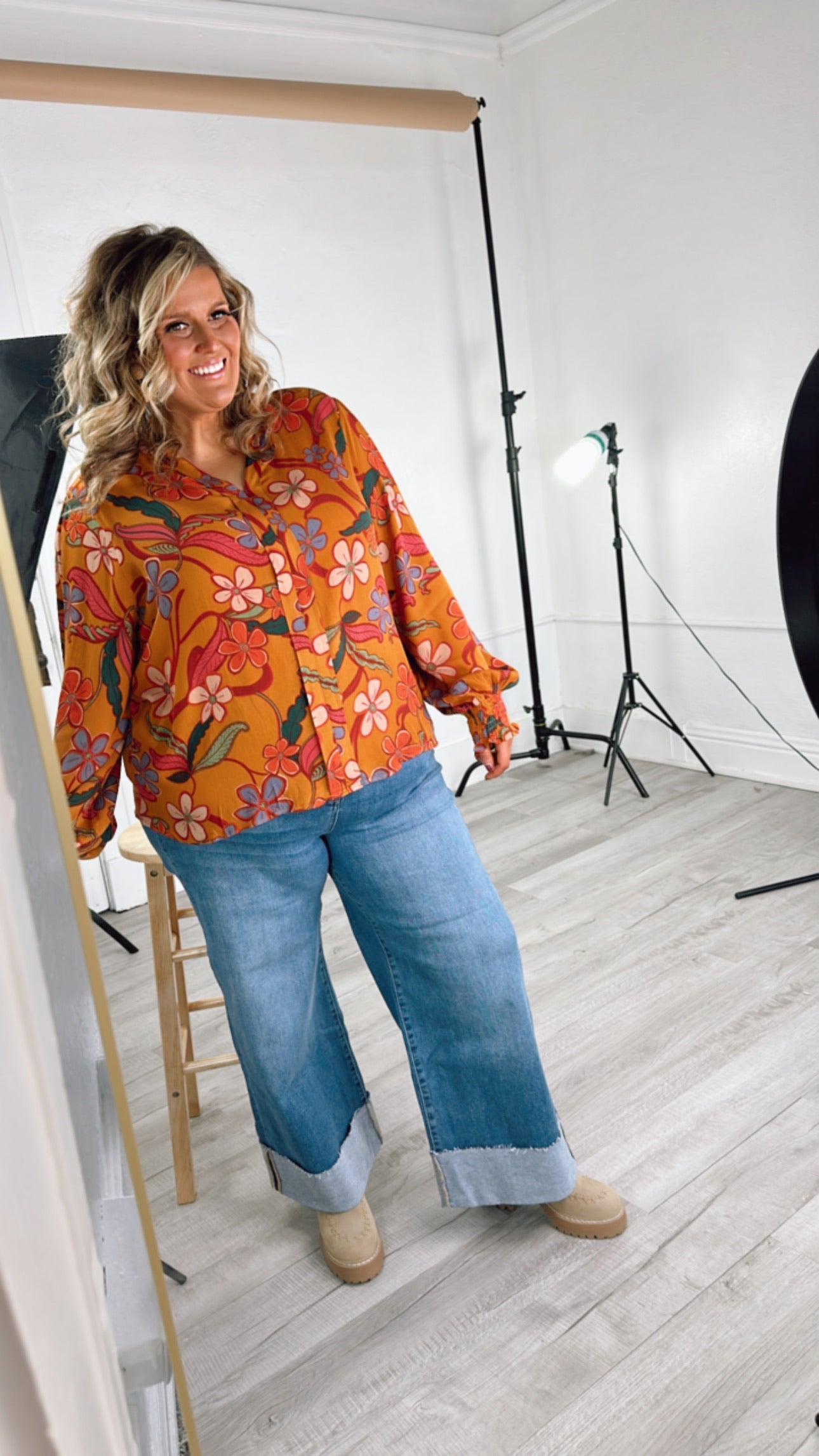 Standout  Long Sleeve Floral Blouse, Camel