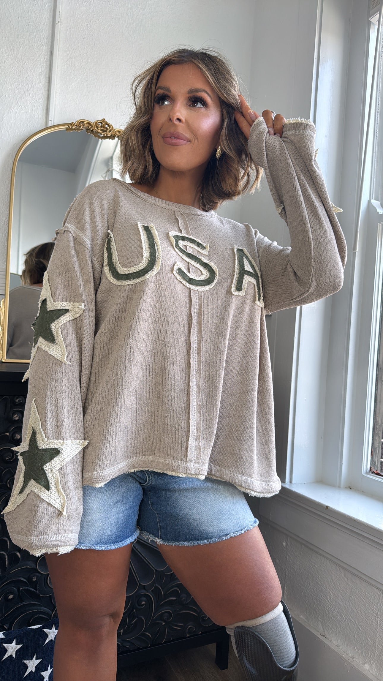 USA Distressed Light Weight Long Sleeve Top, Mocha