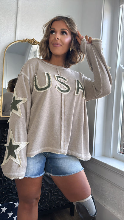 USA Distressed Light Weight Long Sleeve Top, Mocha