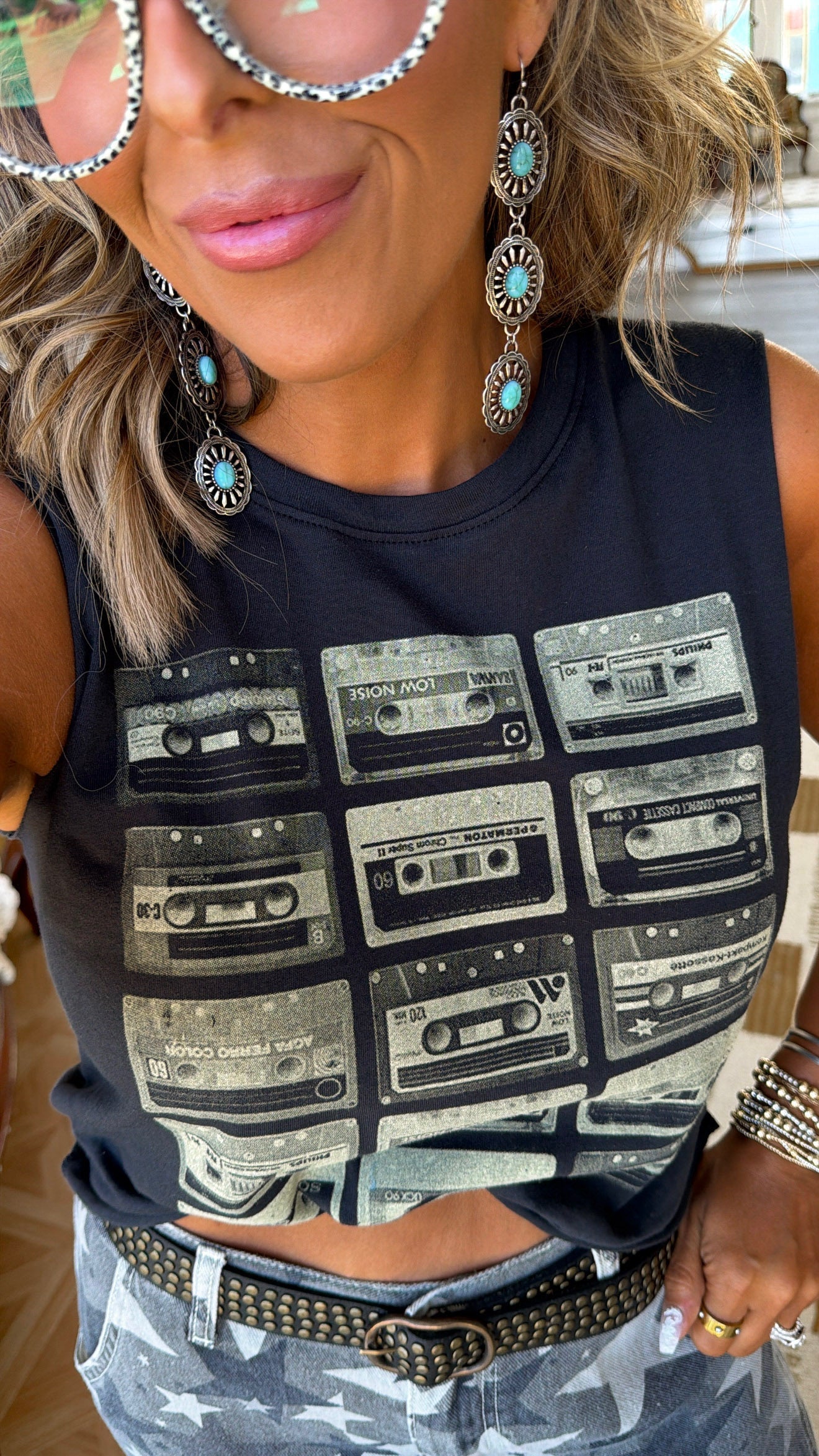 Throwback Cassette Tape Muscle Tee, Vintage Black