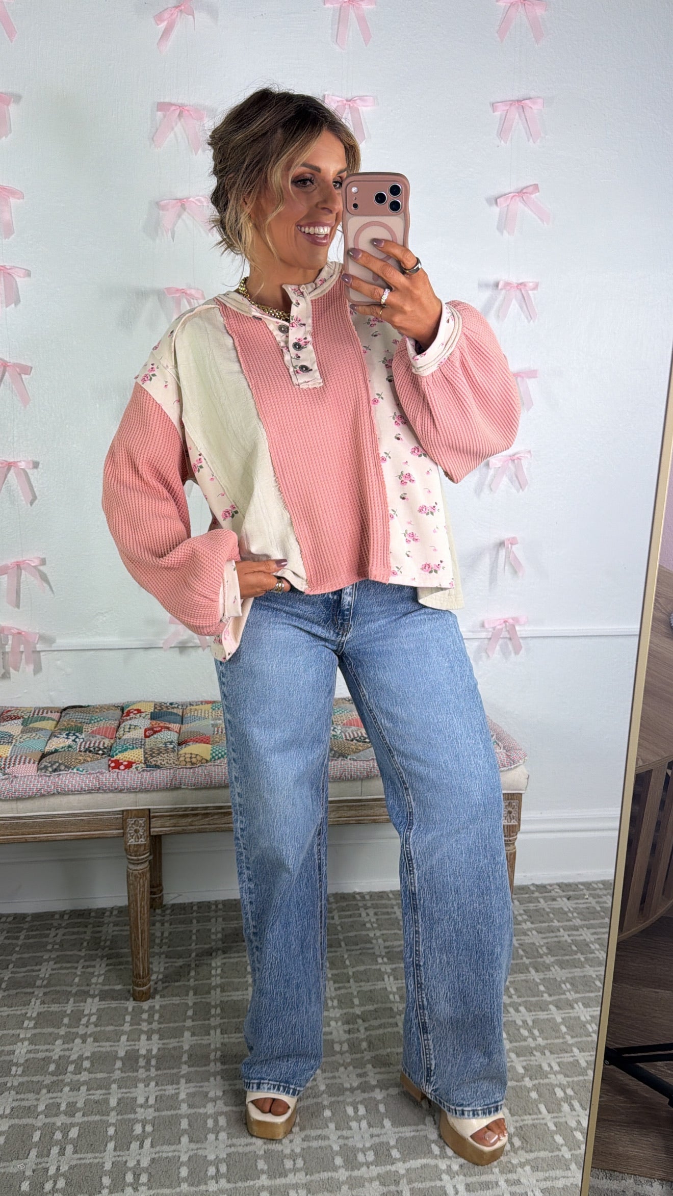 Waffle Knit Bliss, Pink/Natural