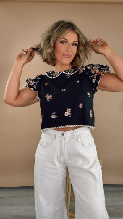 Sweet Things Embroidered Floral Puff Sleeve Top, Black