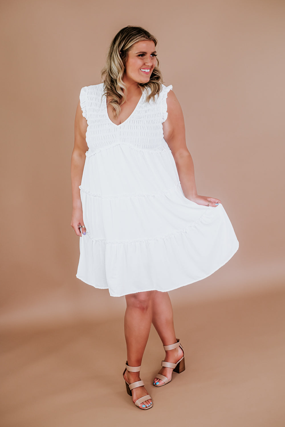 Ruffle Sleeved Smocked Dress, White