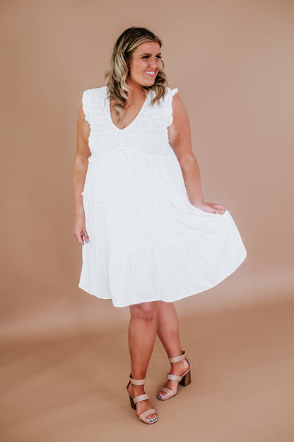 Ruffle Sleeved Smocked Dress, White