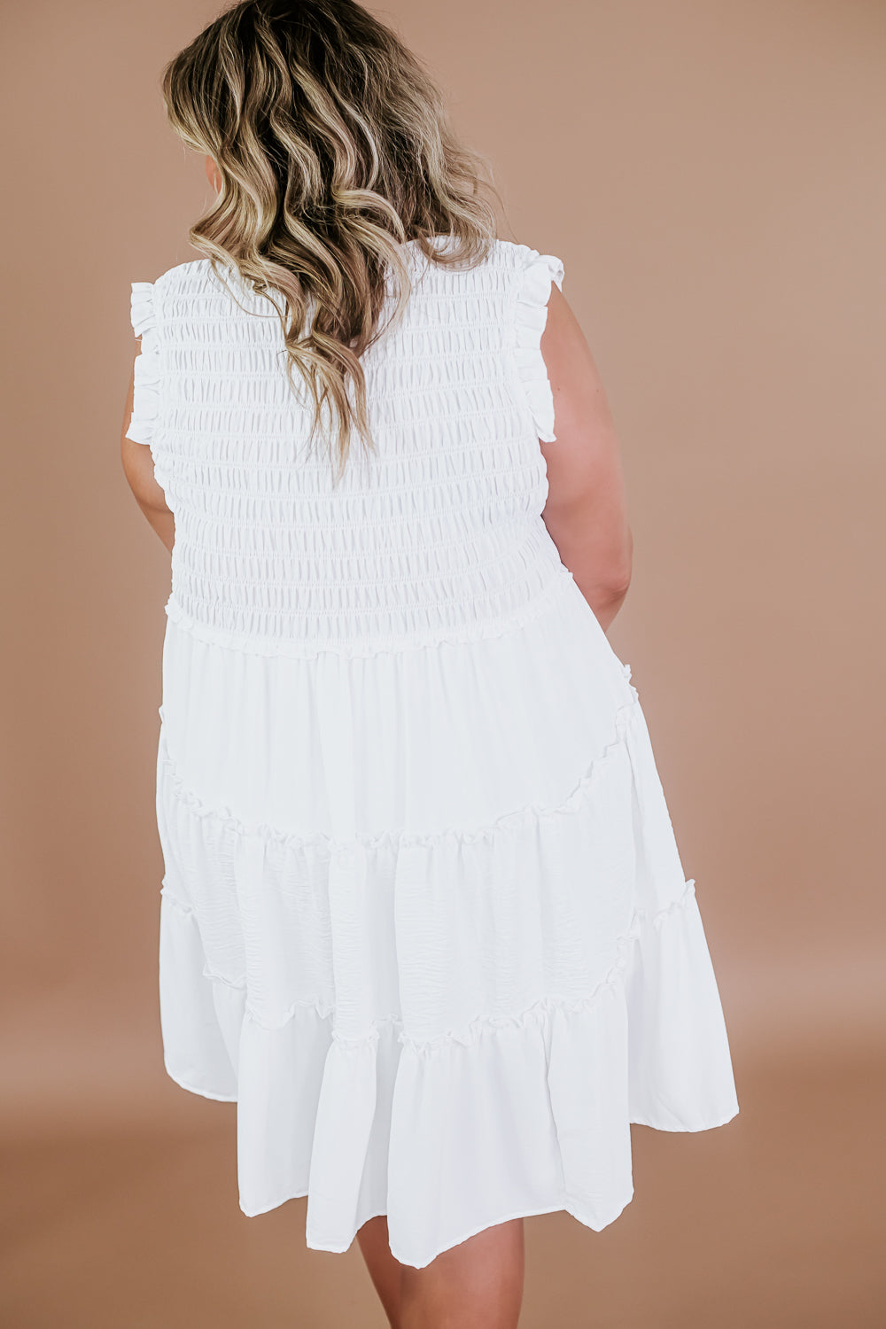Ruffle Sleeved Smocked Dress, White