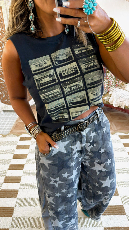 Throwback Cassette Tape Muscle Tee, Vintage Black