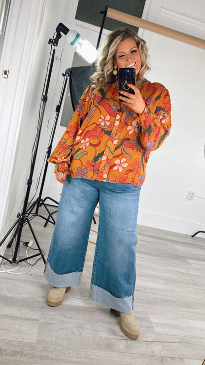 Standout  Long Sleeve Floral Blouse, Camel