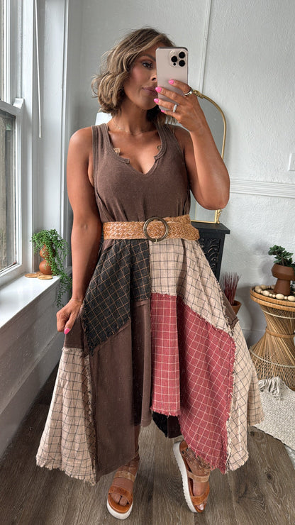 Rustic Patchwork A Symmetrical Dress, Mocha Brown