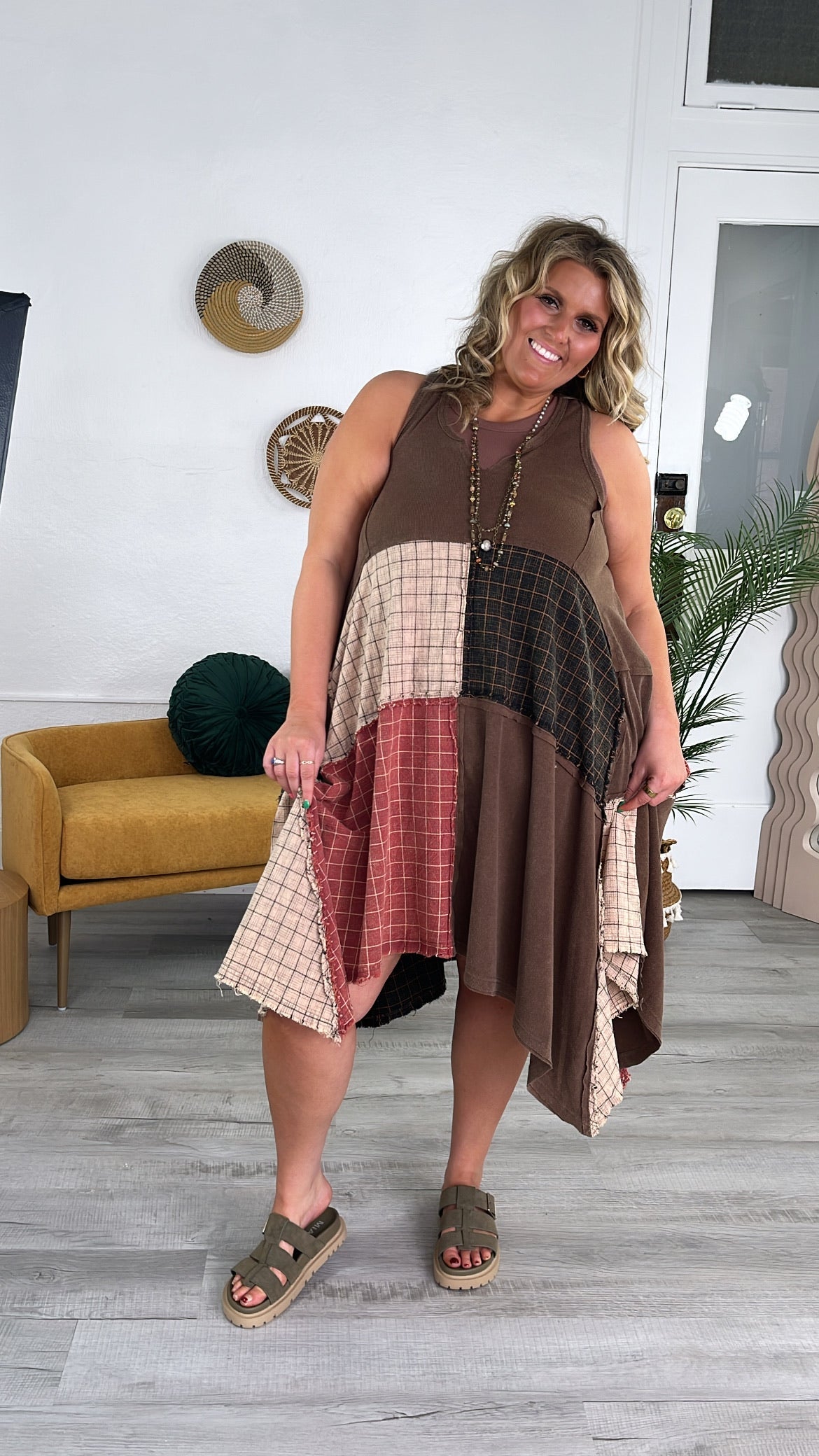 Rustic Patchwork A Symmetrical Dress, Mocha Brown