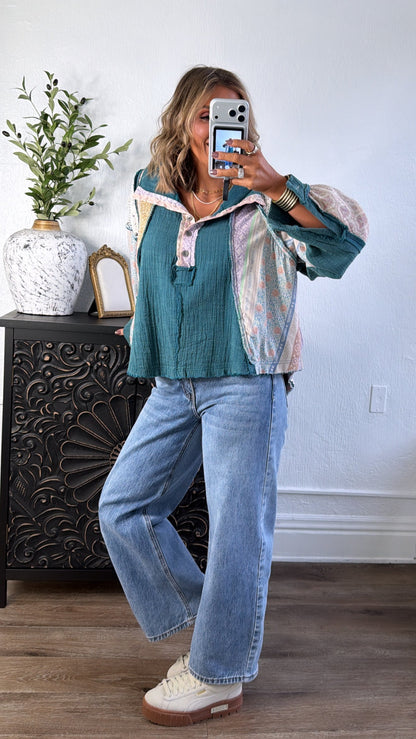 Tulip Skies Button Up Blouse, Teal Green