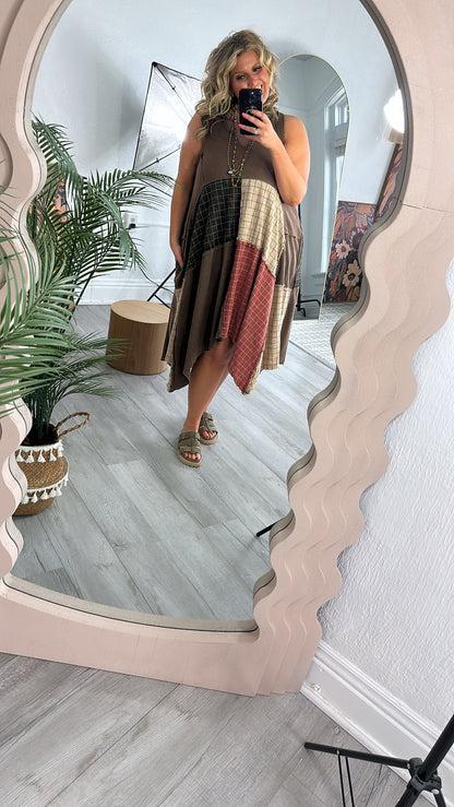 Rustic Patchwork A Symmetrical Dress, Mocha Brown