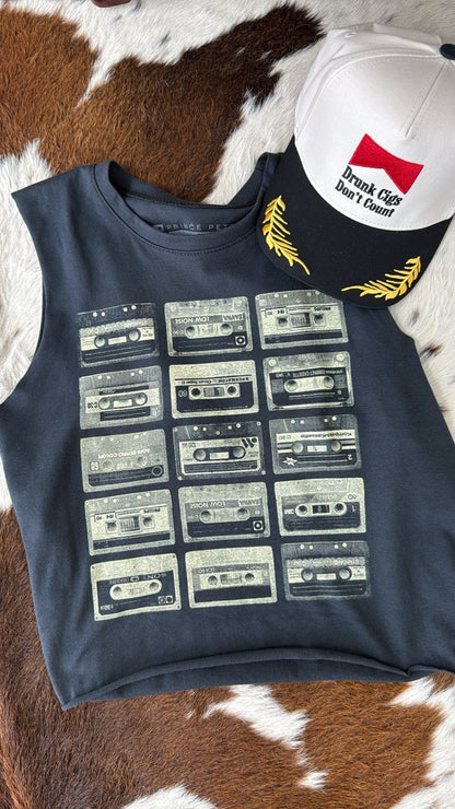 Throwback Cassette Tape Muscle Tee, Vintage Black