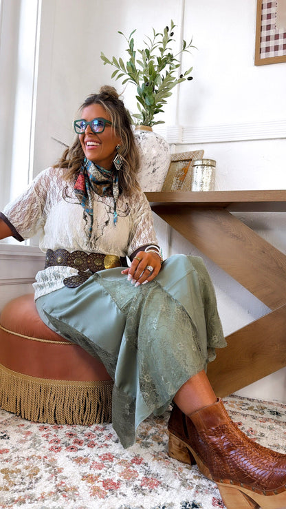 Sweet Lace Silk Maxi Skirt, Olive