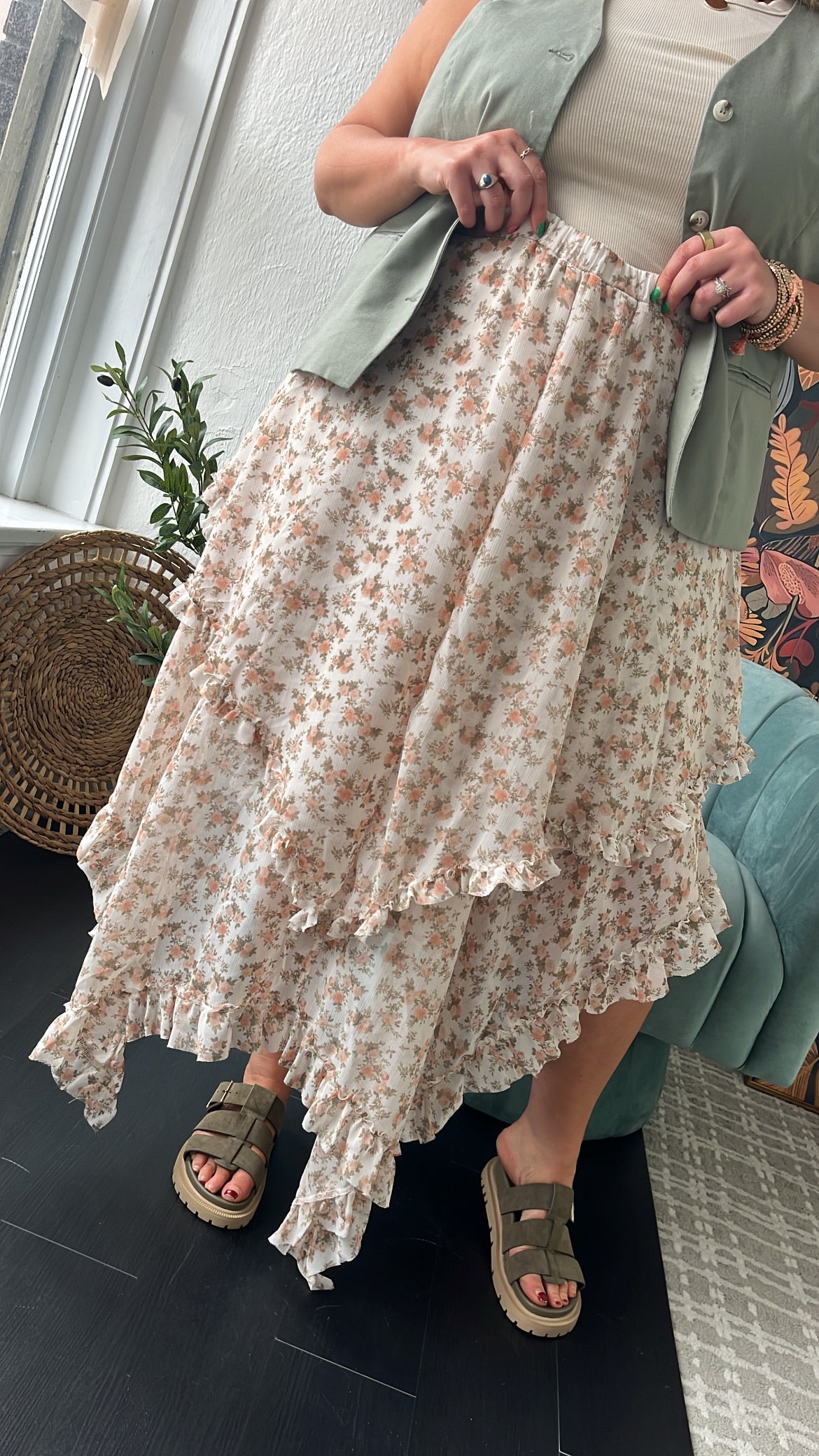 Sweet Melody Floral Print Midi Skirt, Cream
