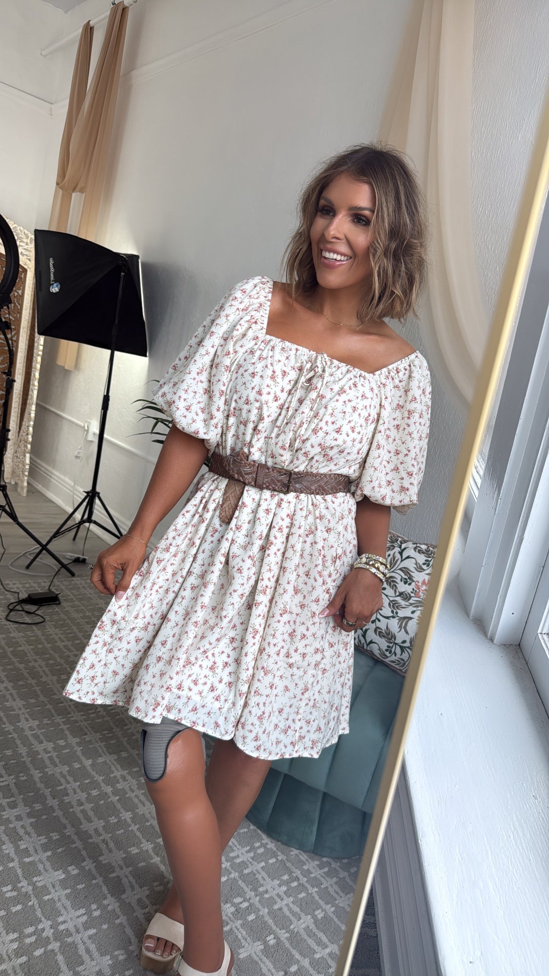 Tulip Kiss Puff Sleeve Dress, Off White/ Rose