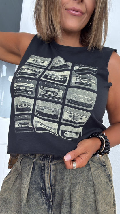 Throwback Cassette Tape Muscle Tee, Vintage Black