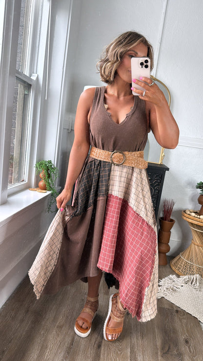 Rustic Patchwork A Symmetrical Dress, Mocha Brown