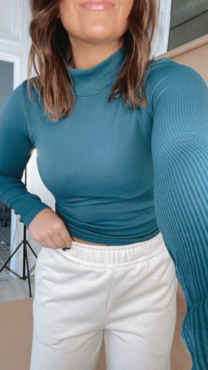 Ribbed Mock Neck Long Sleeve Top, Stellar