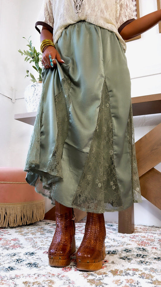 Sweet Lace Silk Maxi Skirt, Olive