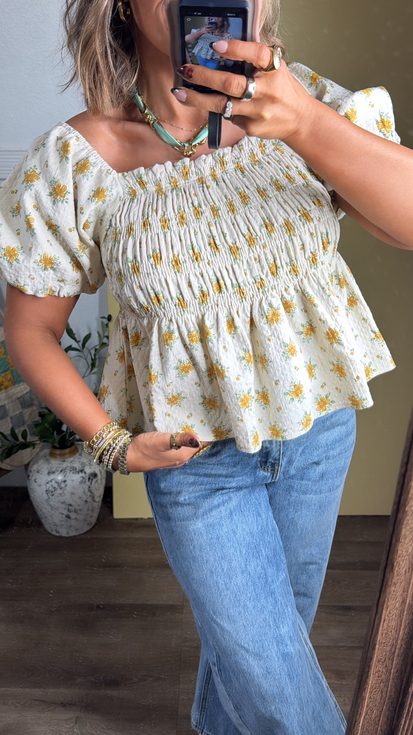 Rosie Ann Smocked Top, Cream/ Yellow Floral