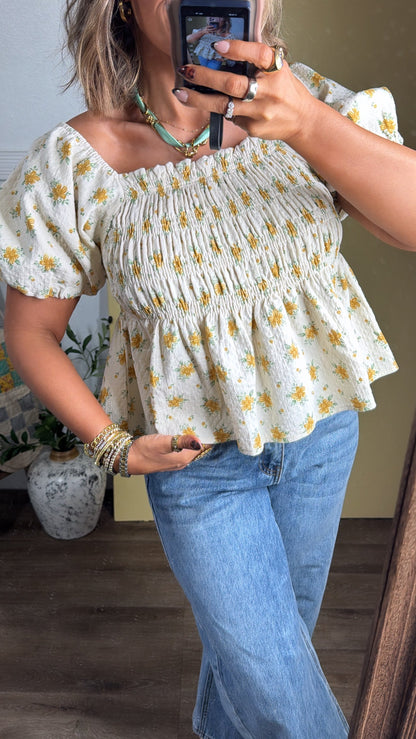 Rosie Ann Smocked Top, Cream/ Yellow Floral
