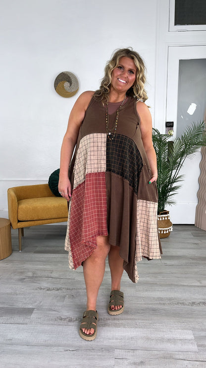 Rustic Patchwork A Symmetrical Dress, Mocha Brown