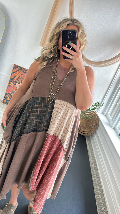 Rustic Patchwork A Symmetrical Dress, Mocha Brown