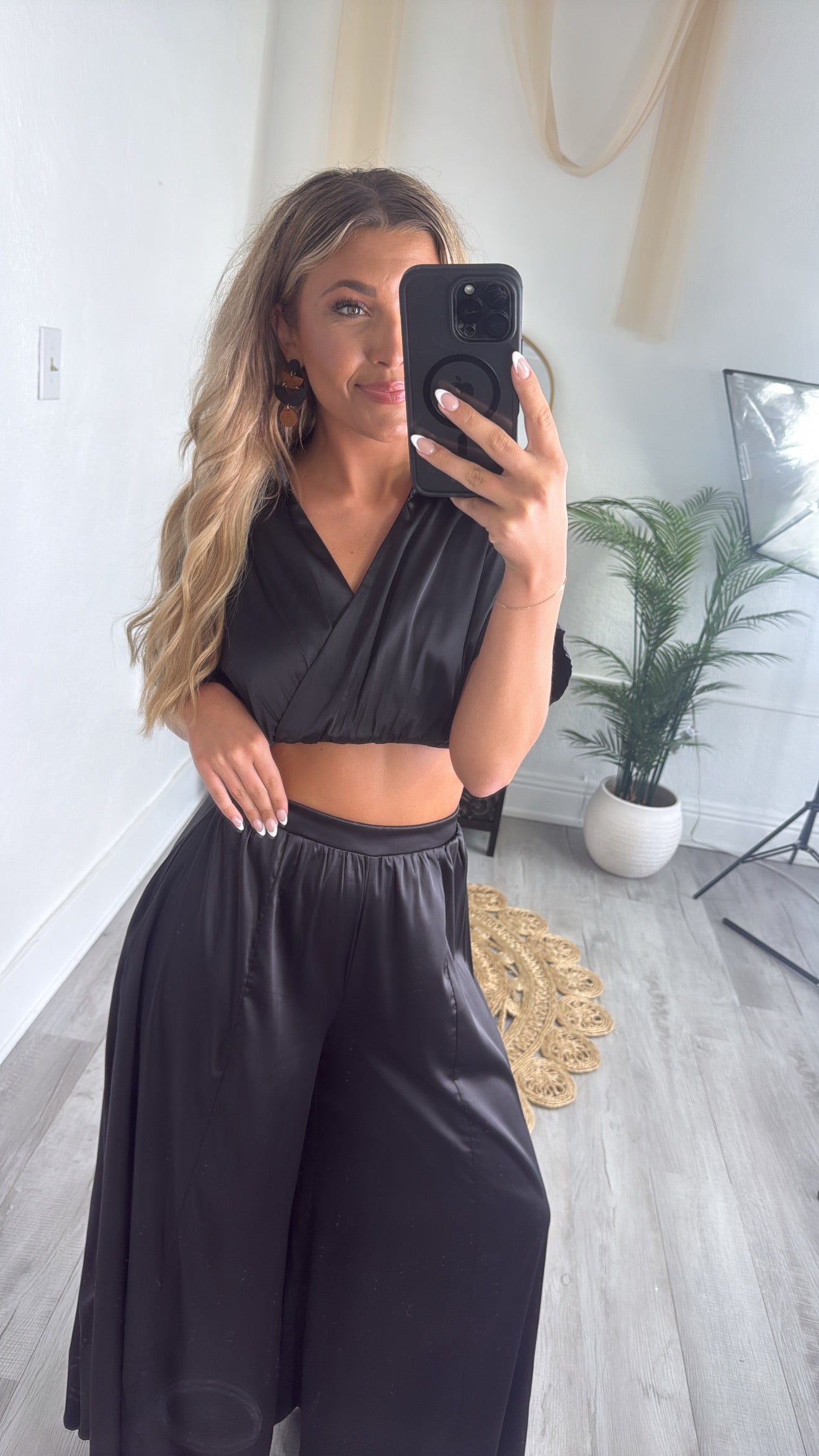 Satin Top and Pants Set, Black