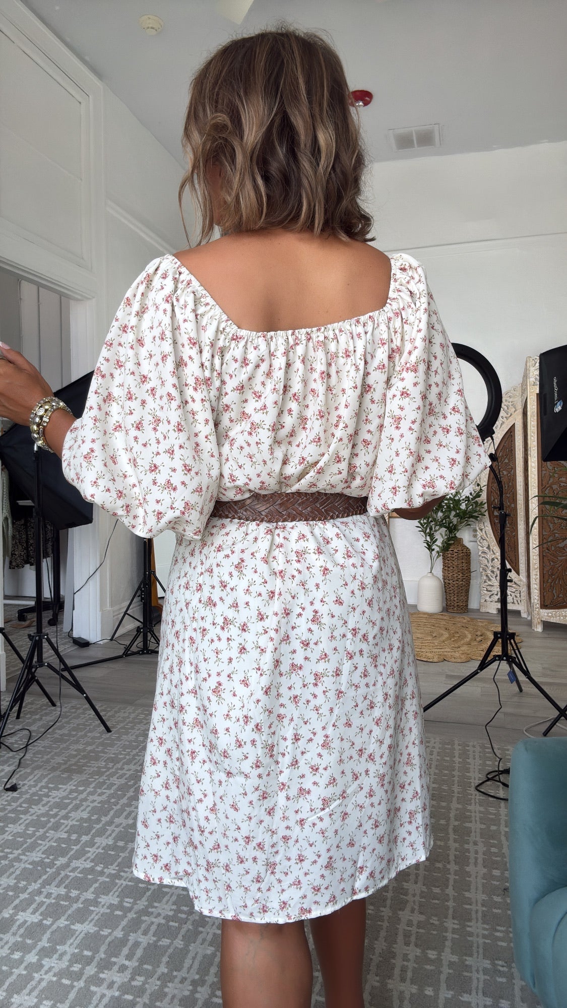 Tulip Kiss Puff Sleeve Dress, Off White/ Rose