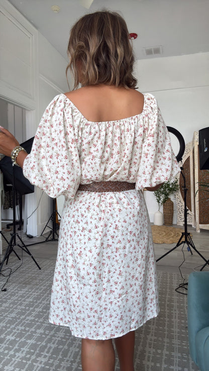 Tulip Kiss Puff Sleeve Dress, Off White/ Rose