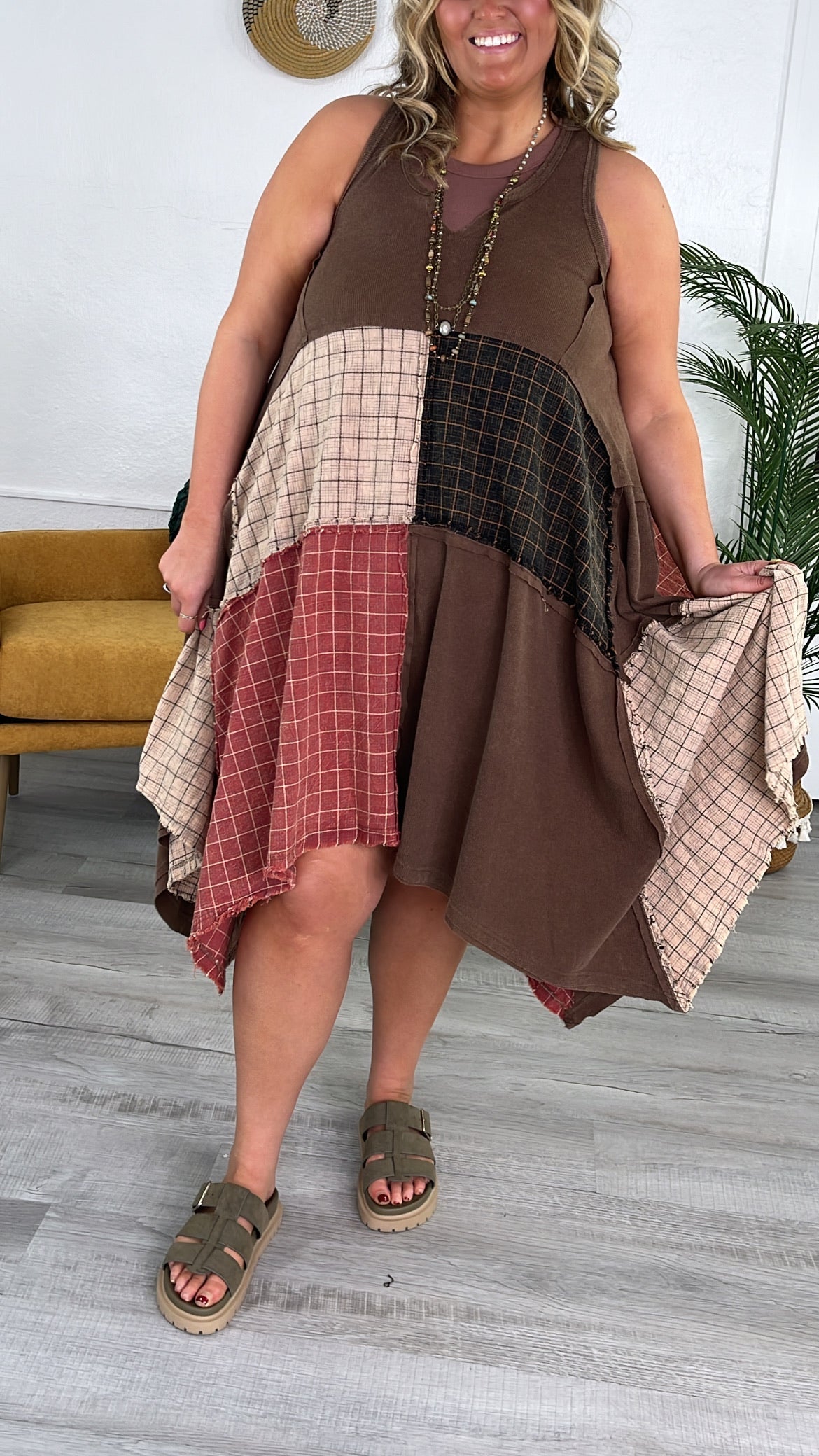 Rustic Patchwork A Symmetrical Dress, Mocha Brown