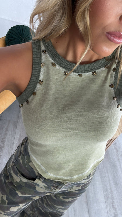 Simple Wear Basic Studded Detail Tank, Green
