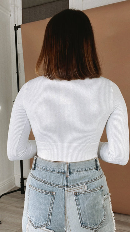 Ribbed Long Sleeve Crew Neck Top, White
