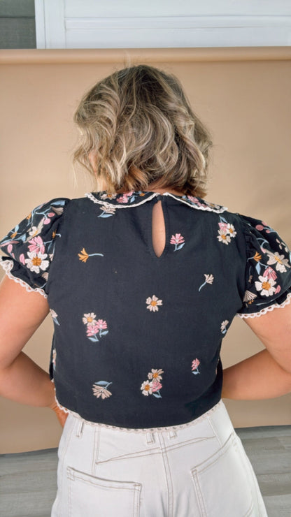 Sweet Things Embroidered Floral Puff Sleeve Top, Black