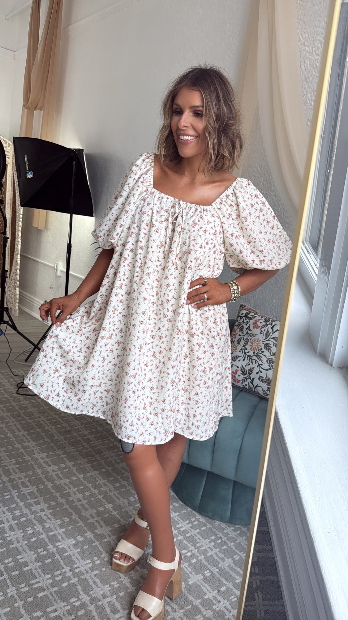 Tulip Kiss Puff Sleeve Dress, Off White/ Rose