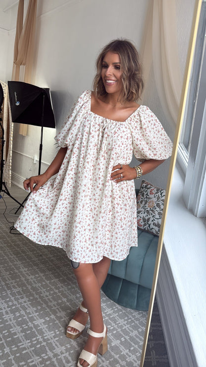 Tulip Kiss Puff Sleeve Dress, Off White/ Rose