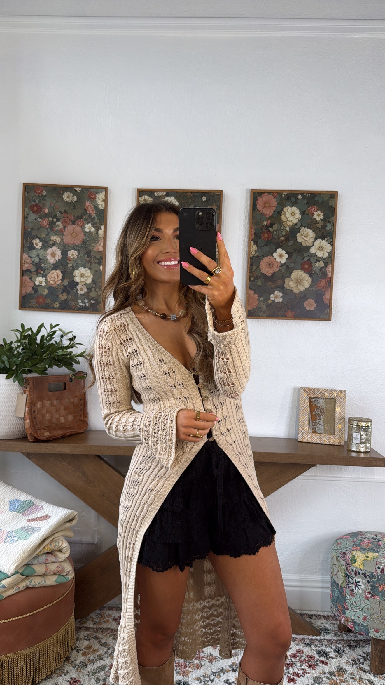 Rustic Rose Knit Long Cardigan, Taupe