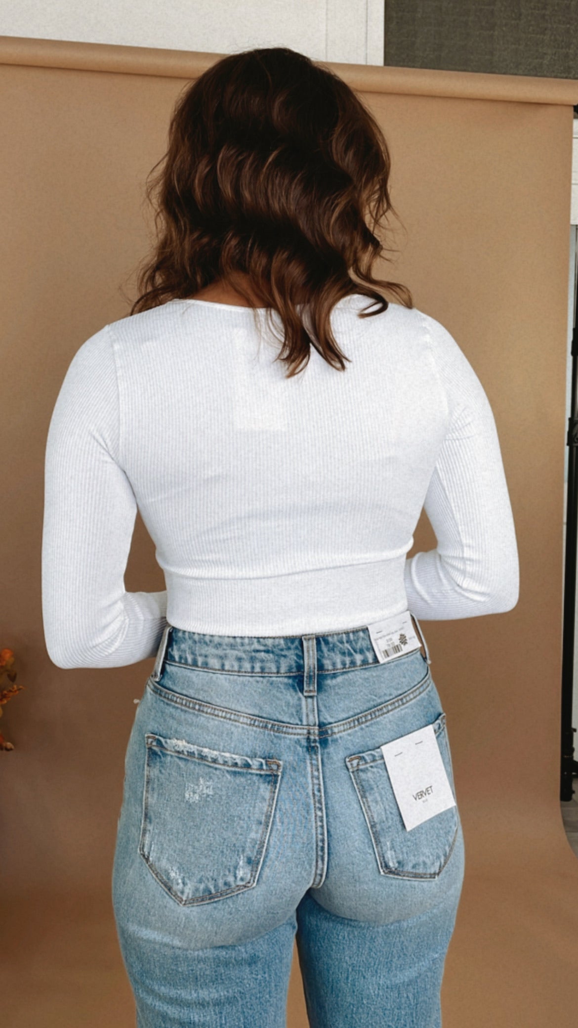 Ribbed Long Sleeve Crew Neck Top, White