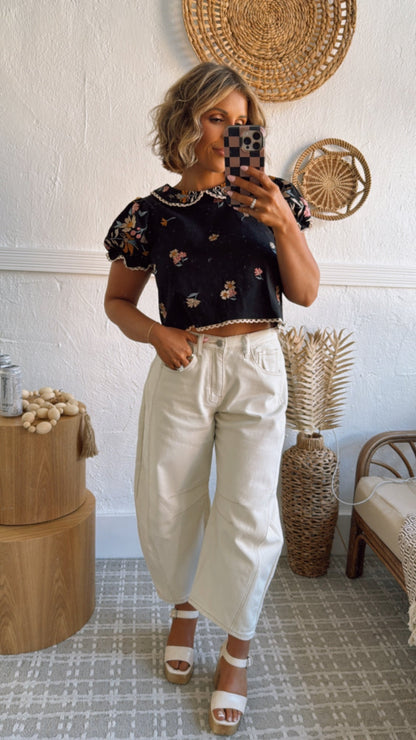 Sweet Things Embroidered Floral Puff Sleeve Top, Black