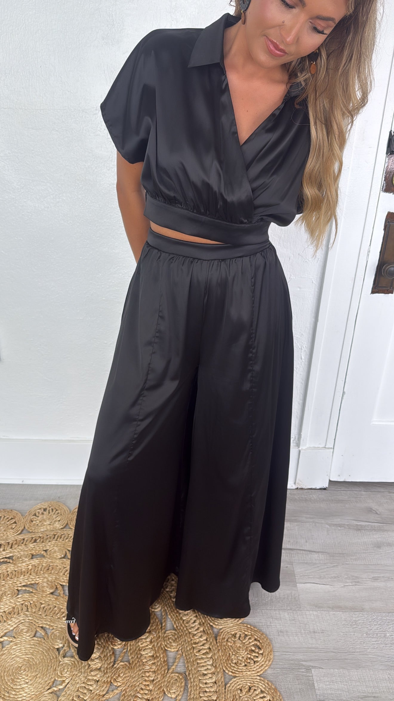 Satin Top and Pants Set, Black
