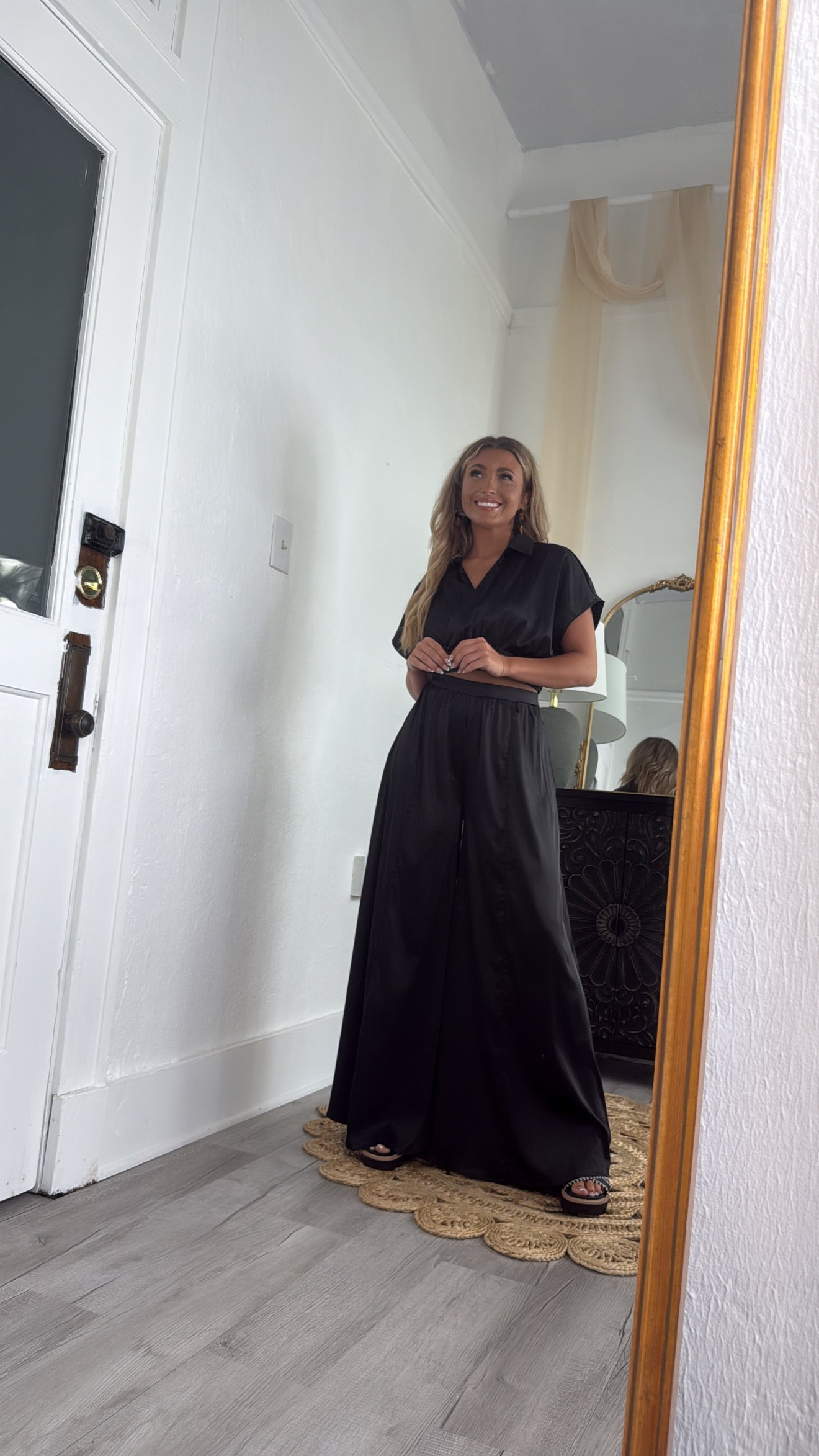 Satin Top and Pants Set, Black