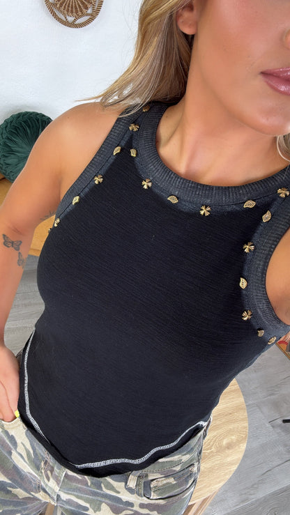 Simple Wear Basic Studded Detail Tank, Black