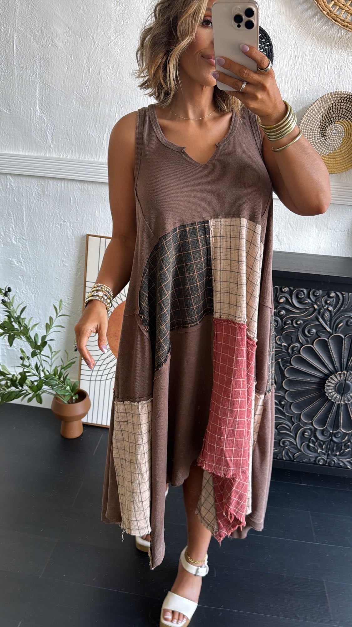 Rustic Patchwork A Symmetrical Dress, Mocha Brown